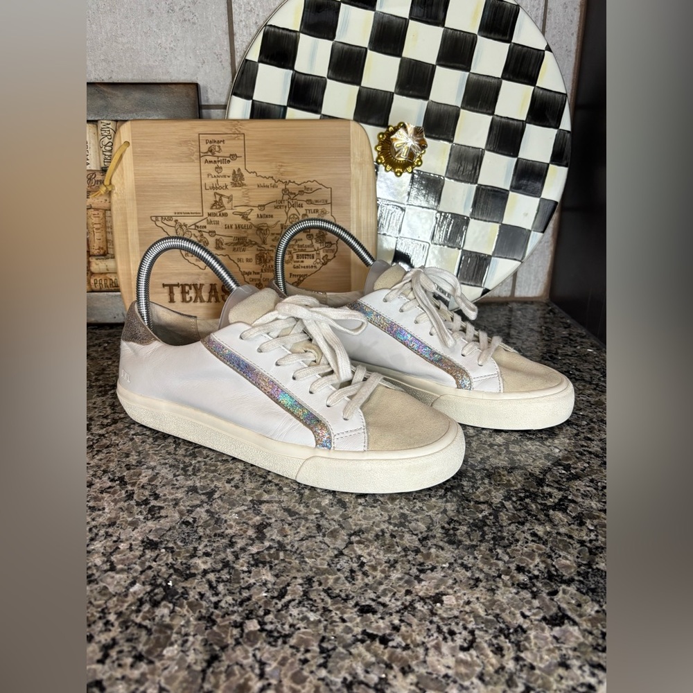 Madewell Sidewalk White Leather Suede Toe LowTop Sneakers Iridescent Trim Size 9